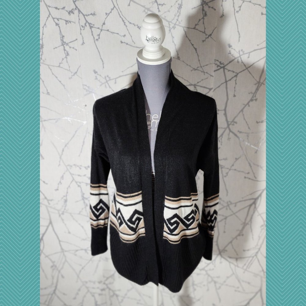 Talula Black & Ivory Aztec Tribal Knit Open Front Cardigan